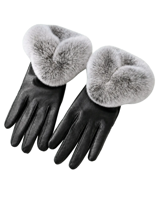Black women's genuine leather gloves with silver gray Rex rabbit fur cuffs
