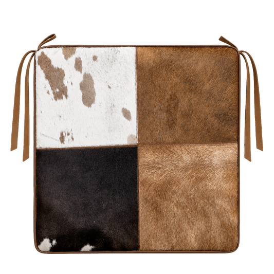 Brown genuine cowhide patchwork square chair pad with leather border and tie straps on transparent background