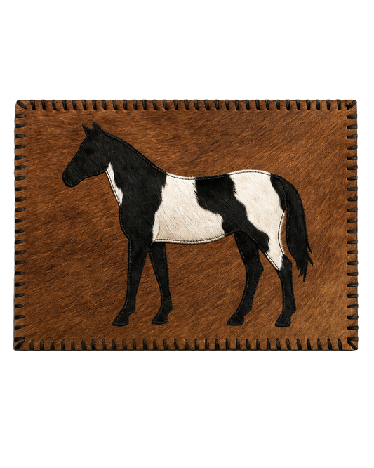 Brown genuine cowhide Western placemat with black and ivory horse inlay on transparent background