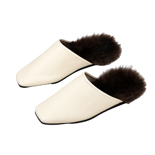 Cream genuine mink fur-trim closed-toe mule slippers on a transparent background