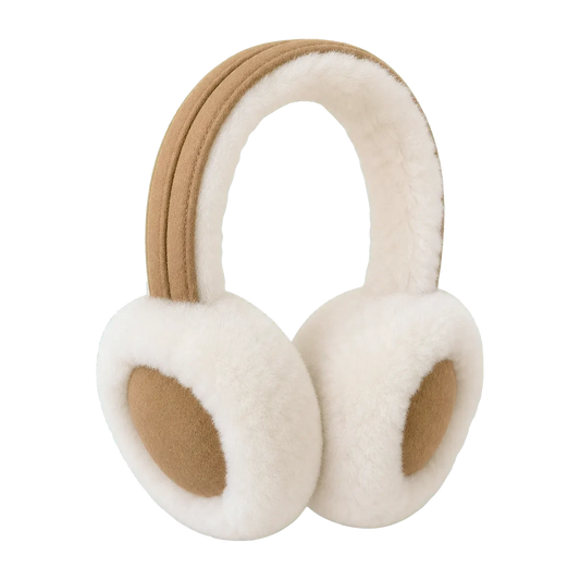 Ivory and camel genuine Australian sheepskin adjustable earmuffs on a transparent background