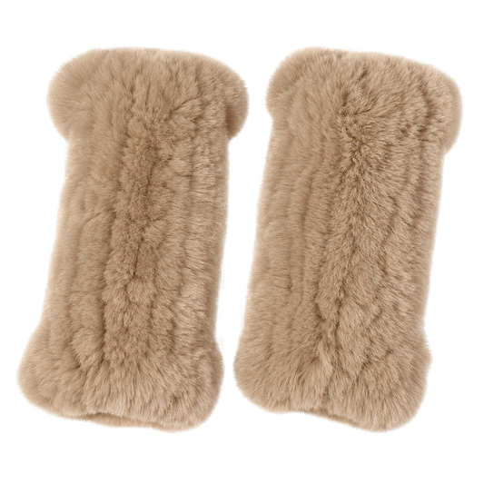 Natural Camel genuine Rex rabbit fur fingerless mittens, transparent product view