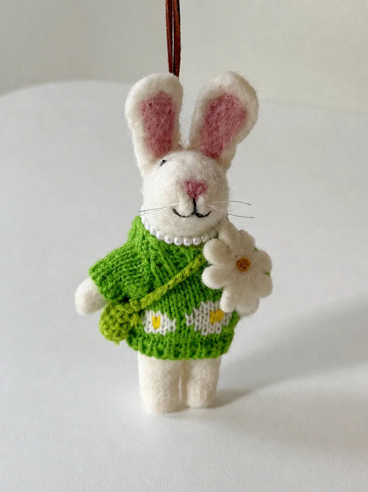 Handmade wool felt rabbit bag charm in an ivory, lime green and blush pink palette