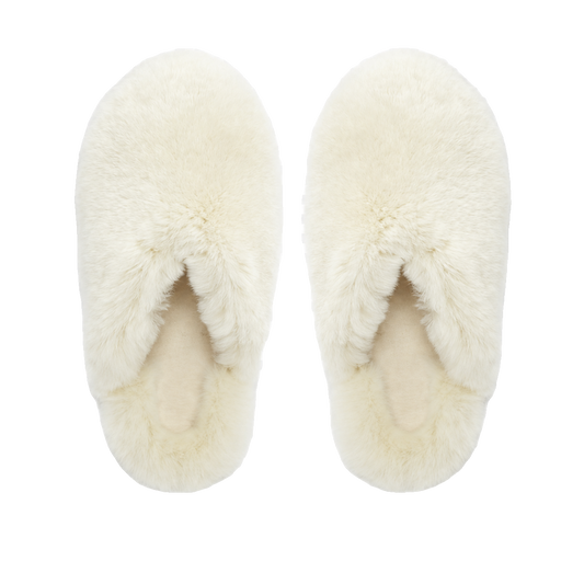 Ivory White genuine rabbit fur closed-toe house slippers on a transparent background