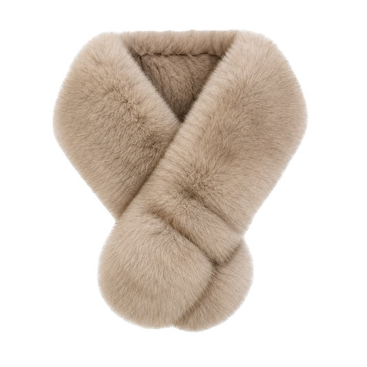 Light Taupe Two-Tone genuine fox and Rex rabbit fur V-scarf on a transparent background