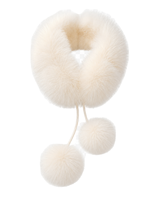 Milky Ivory genuine fox fur loop scarf with rabbit fur lining and two pom-poms on transparent background