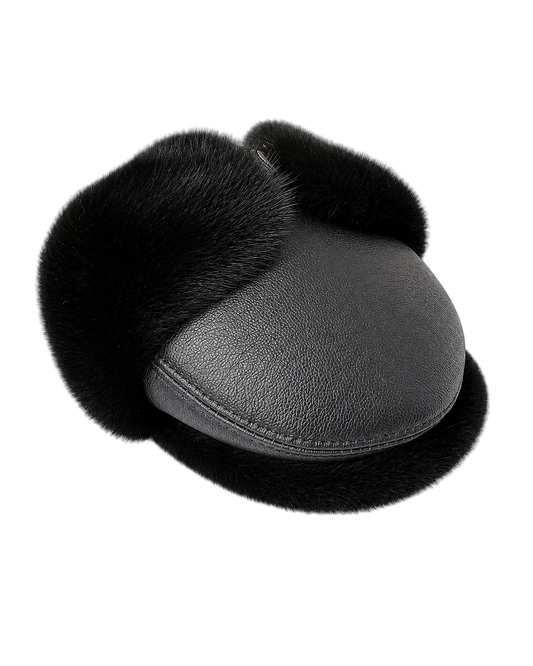 Natural Black supplier-described mink fur and leather men's ear-flap cap on a transparent background