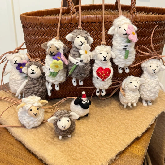 Handmade wool felt sheep bag charm – wool felt sheep charm collection hero
