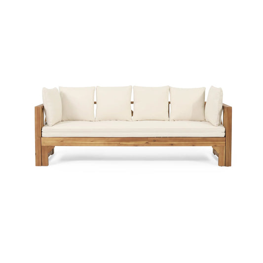 Outdoor Extendable Acacia Wood 3 Seater Sofa, Upholstered Cushion Couch, Daybed Sofa Chair, Spacious Seating Lounge Chair, Patio Daybed Sofa for – view 2