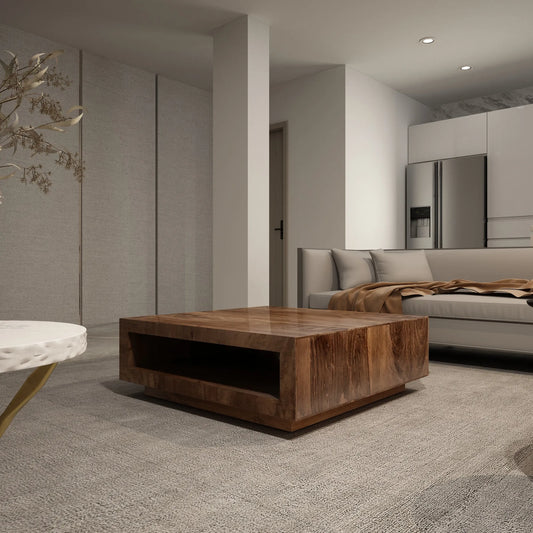 Low Profile Premium Solid Wood Coffee Table in Brown with Natural Wood Finish, 14.96 x 37.40 x 37.40 inches – view 2