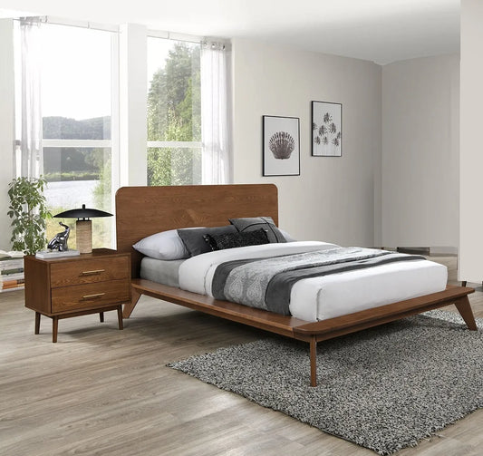 Platform Bed Walnut Color 3pc Bedroom Set King Size Bed 2x Nightstands Wooden Mid-Century Modern Style – view 2