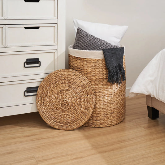 Round Tall Water Hyacinth Woven Wicker Laundry Hamper with Lid - For Clothes, Canvas, Toys and Book Storage with Removable Liner - 15' x 15' x 20' – view 2