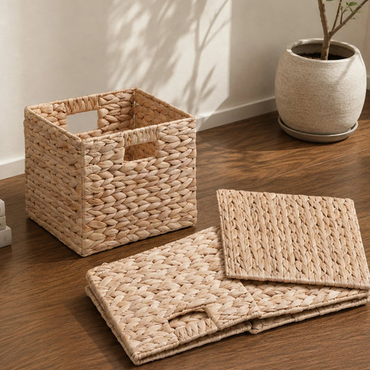 Water Hyacinth Folding Storage Baskets, Set of 4, Natural, 11.0' x 11.0' x 9.8', Handwoven Cube Baskets with Cutout Handles - Closet Organizer, Toy – view 2