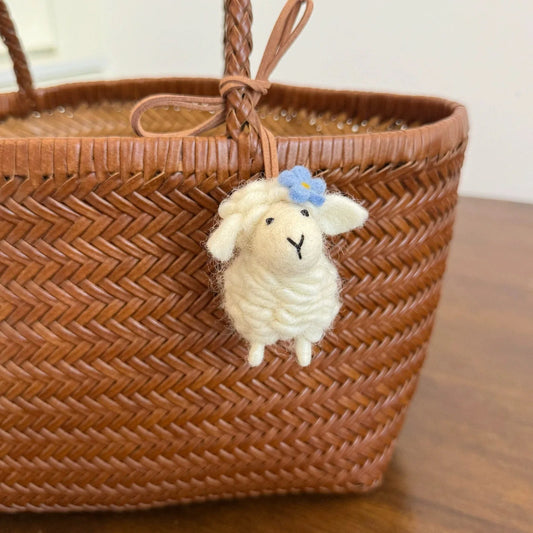 Blue flower handmade wool felt sheep bag charm with hanging cord