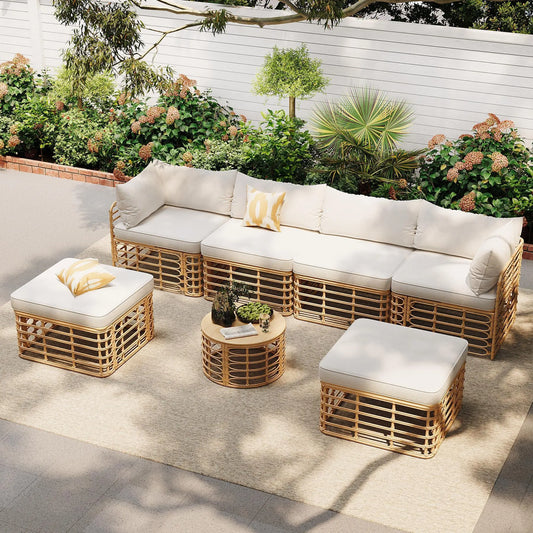 7 Pieces Outdoor Patio Furniture, All-Weather Rattan Sectional Sofa Set with Thick Cushions and Pillows, Freely Combined Conversation Sets for – view 2