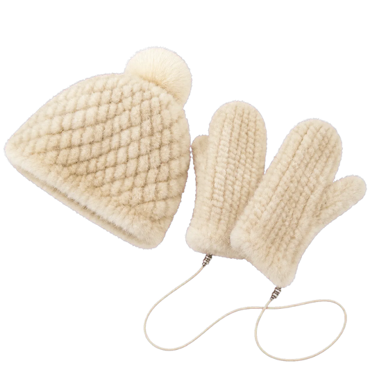 Ivory genuine mink fur knitted hat and mittens set isolated on a transparent background