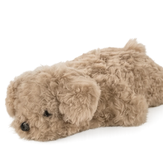Light cocoa lambswool poodle-shaped decorative pillow, full view