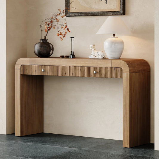 Rustic Console Table with Fluted Drawer Front, Entryway Table with Curved Corners & Thick Legs, Sturdy Sofa Table for Hallway & Living Room (Natural) – view 2