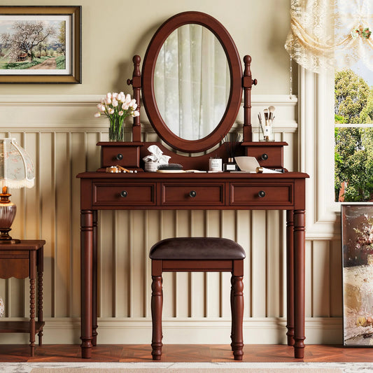Vanity Desk with Adjustable Angle Mirror, Vintage Vanity Makeup Table and Cushioned Stool Set with Velvet Fabric Lining 5 Drawers,Wooden Dressing – view 2