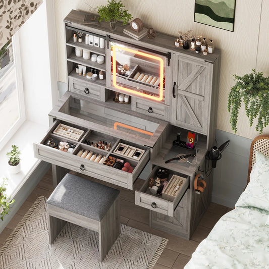 Farmhouse Vanity Desk with Sliding Mirror and Lights, Vanity Set with Glass Top and Charging Station ,Dressing Table with 4 Drawers and 2 Cabinets – view 2