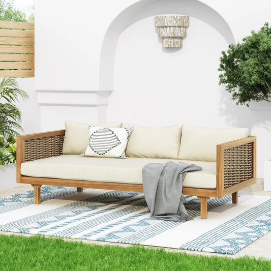 CLAREMONT 3 Seater Daybed with Rattan Arms Beige Cushion Acacia Wood – view 2