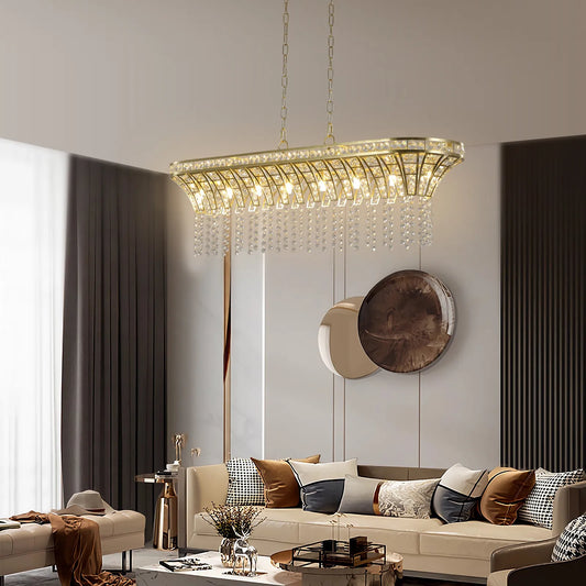 39' Modern Crystal Linear Rectangle Chandelier with Gold Finish, Elegant Pendant Light with Cascading Beads, for Dining Room, Living Room, or Foyer – view 2