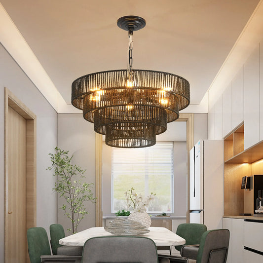 20' Rustic 4-Tier Black Hemp Rope Pendant Light Chandelier with 6 E12 Sockets, Handmade Tiered Boho Ceiling Light Fixture for Dining Room, Kitchen – view 2