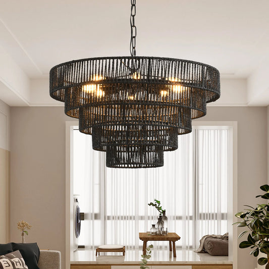 24' Rustic 5-Tier Black Hemp Rope Pendant Light Chandelier with 8 E12 Sockets, Boho Farmhouse Ceiling Fixture for Dining Room, Kitchen, or Entryway – view 2