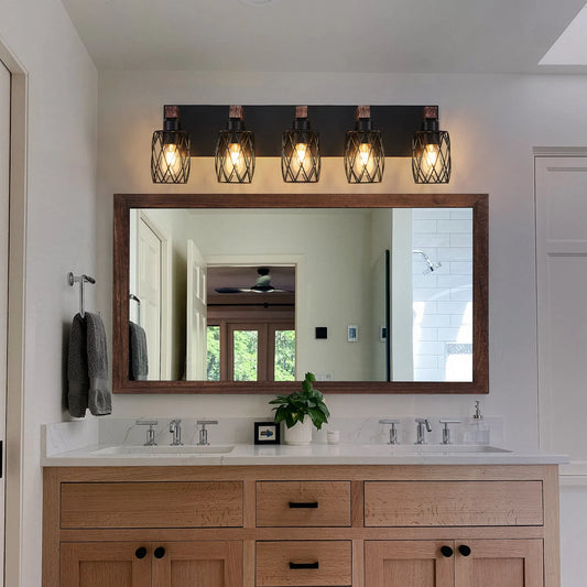 31' Industrial Vintage 5-Light Wall Sconce - Black Cage Wall Lighting Fixture with Wooden Accents for Bathroom, Hallway, or Living Room (Bulb Not – view 2