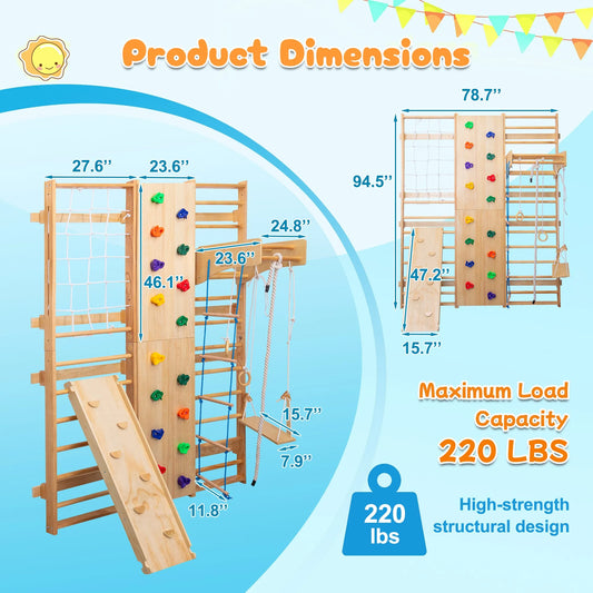 All-in-One 10-in-1 Indoor Climbing Set - Featuring a Rock Climbing Wall, Wooden Swings, Gymnastic Rings, Rope Ladders, and Stretching Equipment for a – view 2
