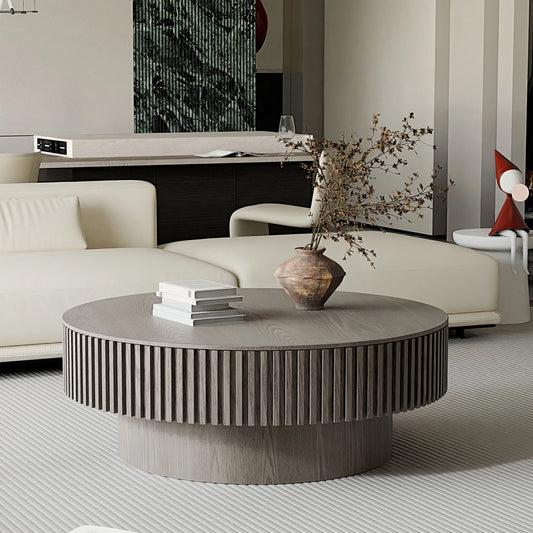 39.37'' Round Coffee Table with Storage Solid Wood Veneered Modern Coffee Table Accent Tea Table for Living Room, Bedroom, Apartment or Office, Grey – view 2