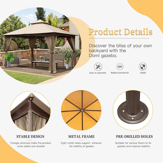 10'x13' Gazebo, Outdoor Gazebo with Mosquito Netting, Metal Frame Double Roof Soft Top Patio Gazebo Canopy Tent for Deck Backyard Garden Lawns (Khaki) – view 2
