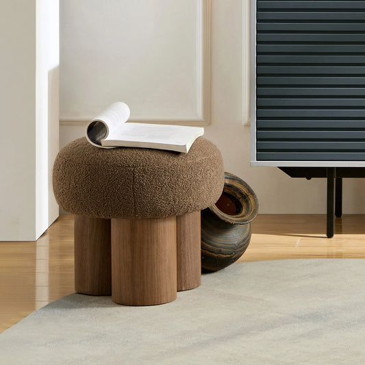 Mushroom Stool with Brown Lamb Wool Seat and Walnut Veneer Barrel PVC Pipe – view 2