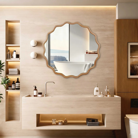 Natural Wood Color 36 inch Wavy Round Solid Wood Frame Decorative Mirror,For Bedroom, Bathroom, Living Room, Entryway – view 2