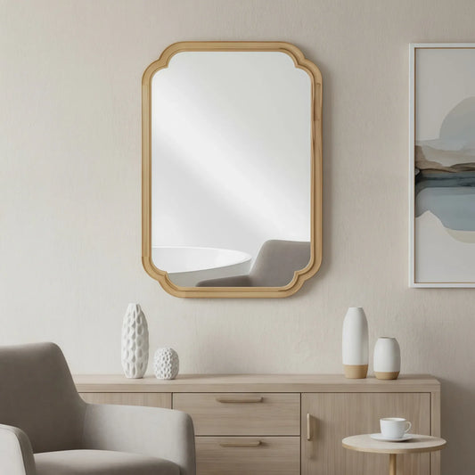 Natural Wood Color 20' x 30' Solid Wood Frame Rounded Corner Decorative Mirror, For Bedroom, Bathroom, Living Room, Entryway – view 2