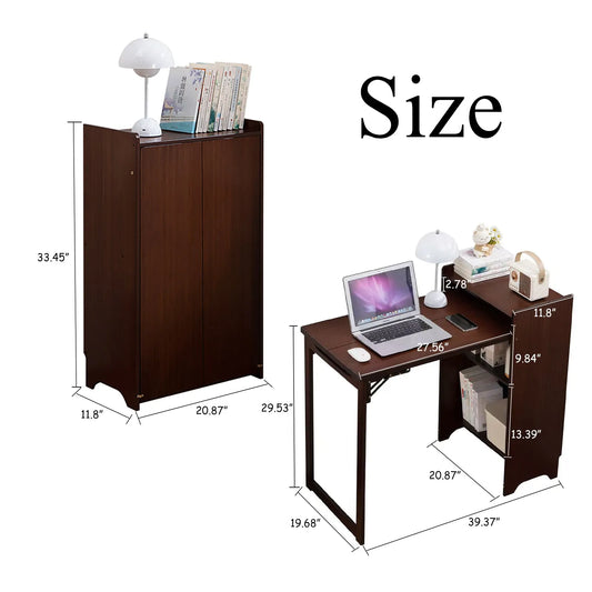 Bamboo Folding Desk, Foldable Desk for Small Space, Computer Desk with Hidden Storage, Mid Century Foldable Table for Home Office and Bedroom (Walnut – view 2