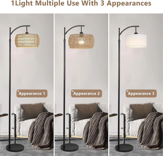 Arc Floor Lamp with Remote Control, Dimmable LED Floor Lamp with 3 Color Temperature, Black Standing Lamp with Rattan & Fabric Double Drum Shade – view 2