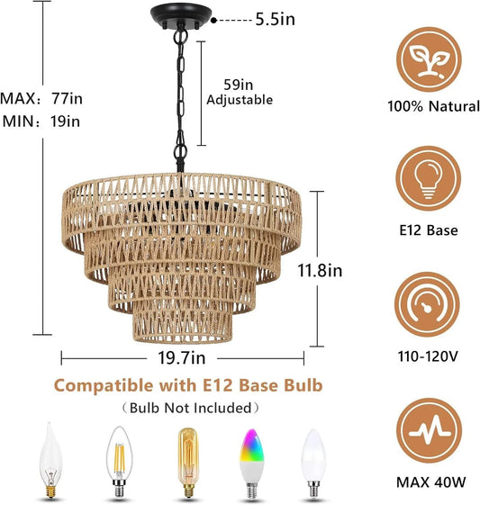 Boho Rattan Chandelier, 6-Light Dining Room Light Fixture, Wicker Pendant Lighting with 4-Tier Woven Lampshade, Large Farmhouse Chandeliers for – view 2