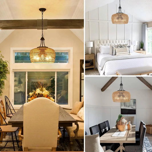 Large Farmhouse Chandeliers for Dining Room, 5-Light Rattan Boho Chandelier Light Fixture with Wicker Lampshade, Coastal Hanging Pendant Lighting for – view 2