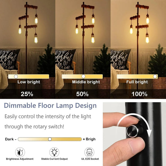 Dimmable Industrial Floor Lamp, Farmhouse Tree Floor Lamp, 68 Inch 3 Lights Wood Standing Lamp, Sturdy Base Tall Vintage Pole Light, Metal Black – view 2