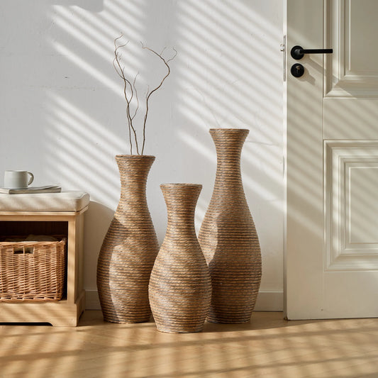3-Piece Artificial Rattan Floor Vase Set – Decorative Accent for Living Room, Hallway & Entryway, Ideal for Dried or Silk Flower Arrangements, Beige – view 2