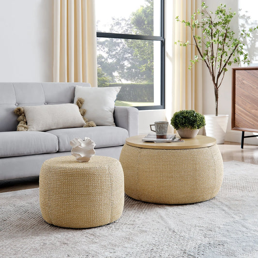 Woven Rattan Fabric Round Storage Ottoman with 2-in-1 Function as End Table and Ottoman, Dark Yellow, 25'x25'x14.7' – view 2