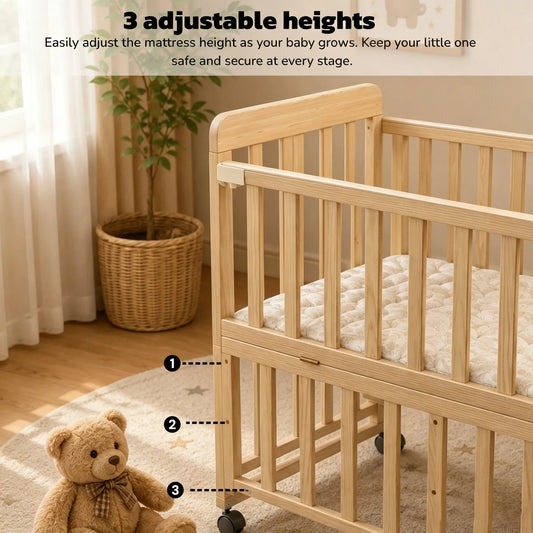 Solid Wood Baby Bassinets Wooden Bedside Bassinet Portable Extendable Mini Baby Crib 3 Adjustable Heights with Mattress for Newborns – view 2