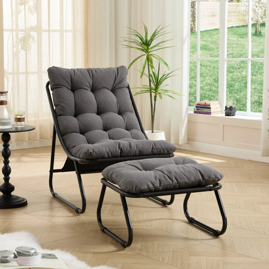 Patio Outdoor Lounge Chair with Ottoman, Comfy Sling Recliner Chair with Puffy Cushion and Foot Stool, Ideal for Living Room, Bedroom, Reading Room – view 2