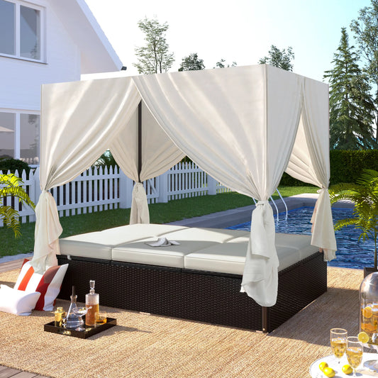 U_STYLE Outdoor Double Chaise Lounge Daybed with Curtains,Patio Outdoor Sunbed with Adjustable Backrest, Sturdy Steel Frame Loveseat Sofa for – view 2