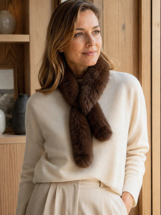 Dark Brown sable fur mini scarf styled with an ivory knit indoors