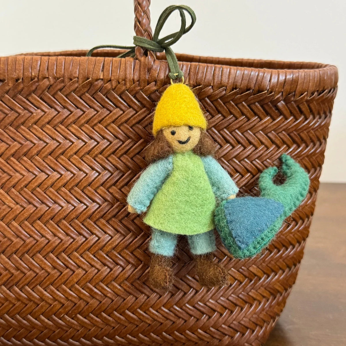 Close detail of the girl and beetle wool felt charm with leather cord attachment