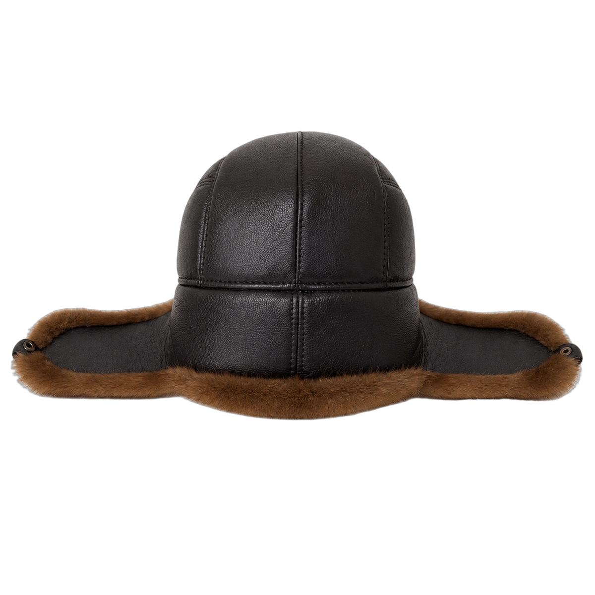 Mocha Brown men's leather-and-fur cap opened flat to show the ear-flap construction