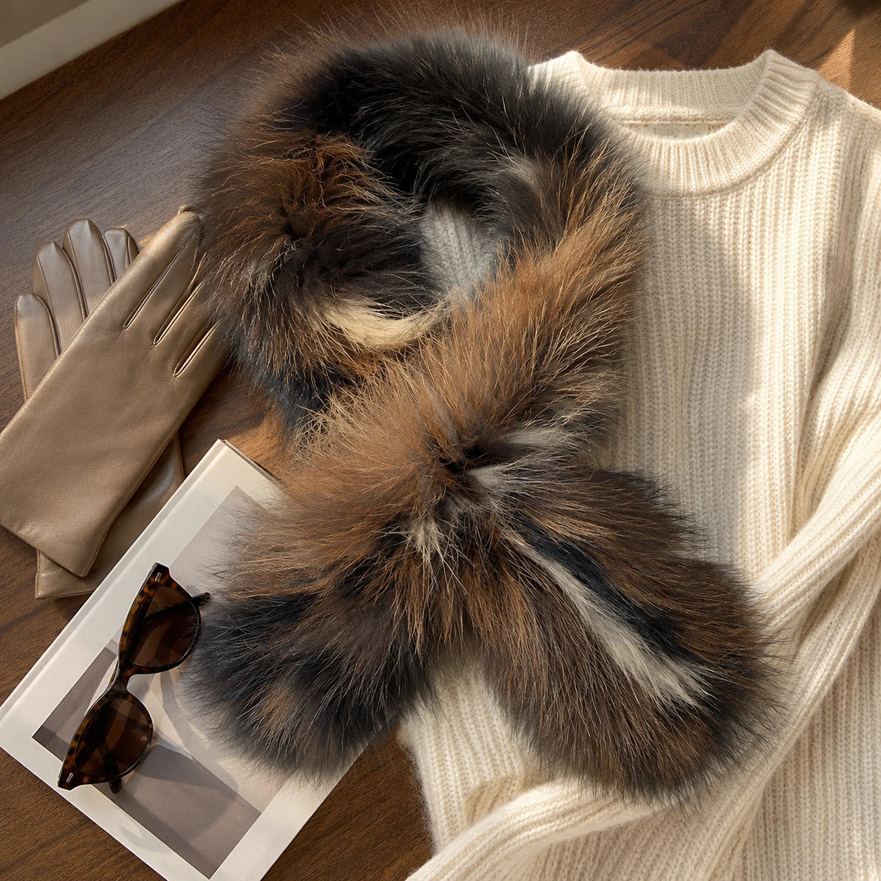 Natural Fox Mix genuine fox fur scarf styled with winter knitwear and leather gloves