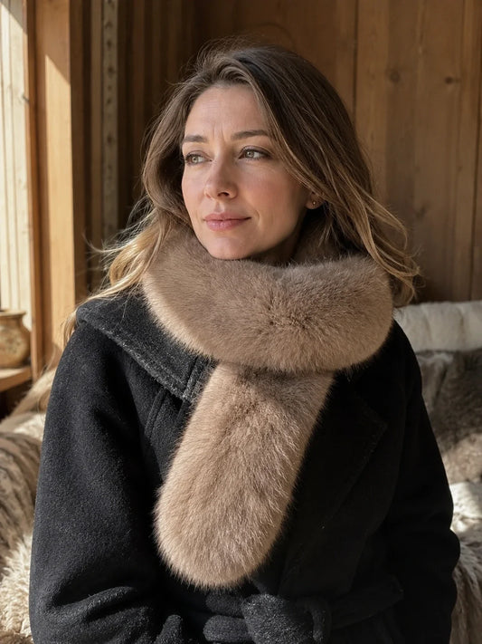 Woman styling a Mushroom Taupe fox fur scarf with a black coat